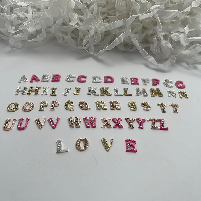 104 Pcs 3D Silver Gold Rose Gold Pink Nail Charms Letters Initial Charms for Nails Nail Letter Charms Alphabet Rhinestone Nail Charms for Nail Art Design Decoration DIY Craft