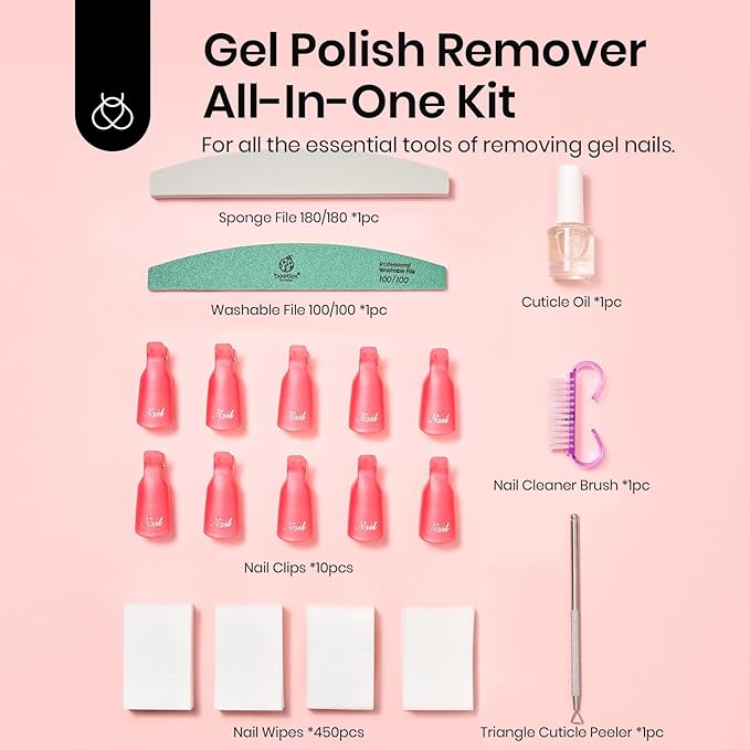 Beetles Gel Polish Remover Kit with 450 Pcs Lint Free Nail Wipes 10 Pcs Gel Polish Remover Clips Cuticle Oil Cuticle Pusher Nail File