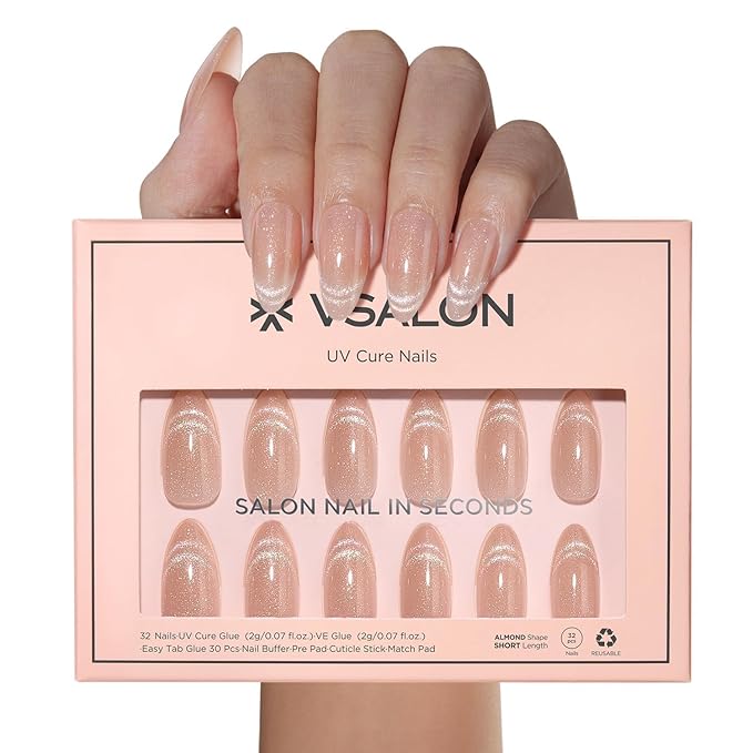 VSALON Press On Nails Medium Almond, Nude French Tip Cat Eye Shimmer Nails, Salon Quality Semi-transparent Fake Nails Kit - 32 PCS Stick on Nails in 16 Sizes with UV Glue & Cuticle Oil