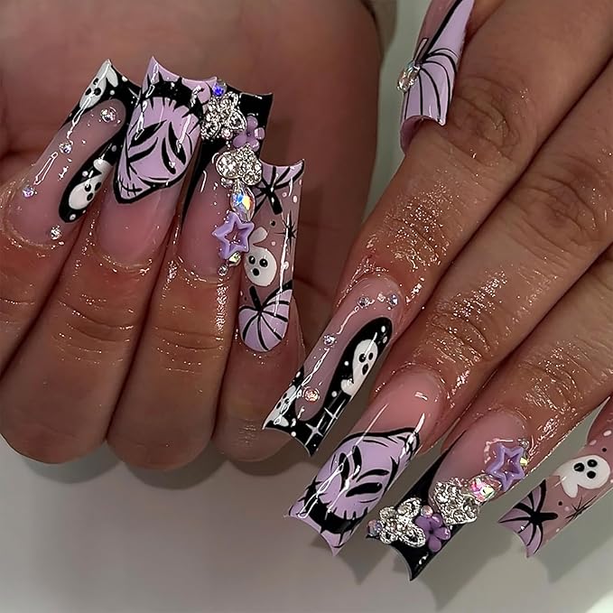 24Pcs Halloween Press on Nails Long Square French Tip Fake Nails with Purple Gothic Ghost Pumpkin Design Cute Flower Butterfly Star Gems False Nails Full Cover Artificial Glue on Nails for Women DIY