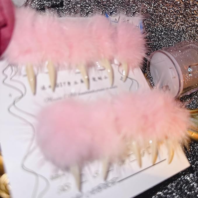 10 Pcs Luxury Press on Nails Medium Curved Stiletto Handmade Cat Claw Reusable Nails Press Ons Unique with Pink Furry Fur Designs Cat Claw Fake Nails Glossy Thick Acrylic Glue on Nail (S)