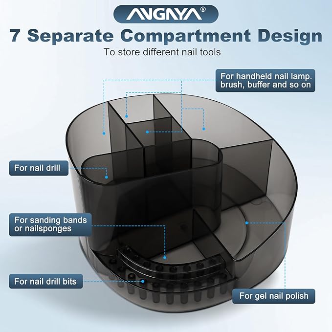 ANGNYA Nail Drill Holder with 7 Compartments & 18 Holes Nail Drill Bit Holder, Professional Nail Desk Storage Organizer Box Case for Nail Station, Salon and Home Use