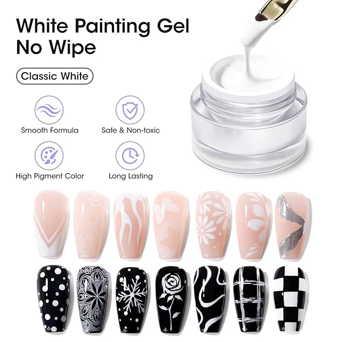 GELLEN White Pat Painting Gel, Gel Paint for Nails, French Nail Art, No Wipe Drawing Striping Liner Painted Aura Ombres Gradient Nails, Soak Off Nail Art with Dotting Pen for DIY Salon Manicure