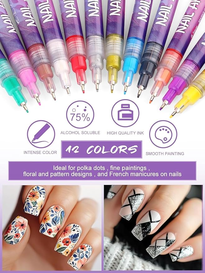 EBANKU 12 Colors Nail Art Pens Set, 3D 0.5MM Nail Polish Pens Graffiti Dotting Pen Quick-Drying Acrylic Nail Paint Liner Pen Tools for DIY Nail Art Manicure Tools