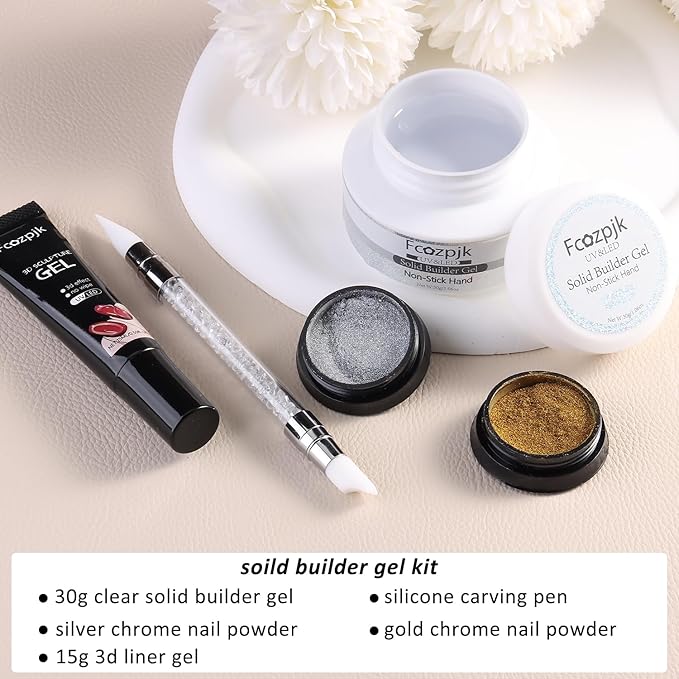 30g Solid Builder Gel For Nails and 15g Liner Gel Polish, Clear Non-sticky Hard Gel for Nail with Silicone Carving Pen 3D Sculpting Gel Building Gel Nail Extension Gel Nail Salon Supplies