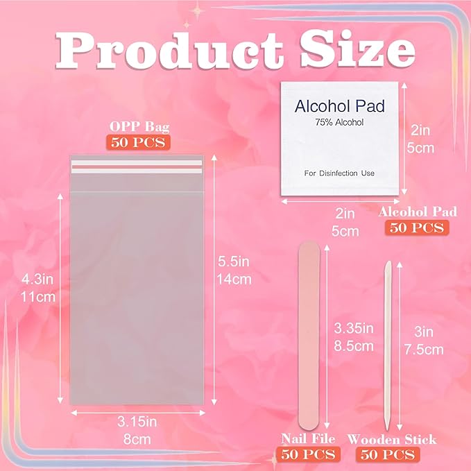 50 Set Disposable Press on Nail Tool Kit, including 50pcs Nail File, 50pcs Prep Pad, 50pcs Wood Stick, 50pcs OPP Bag, Manicure Nail Prep Kit for Salon Home (50pcs-A-pink)