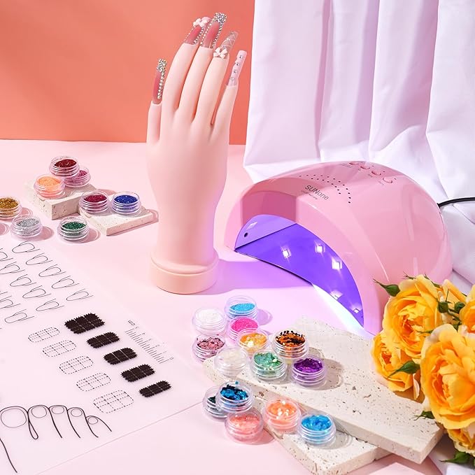 Nail Kit for Beginners with Everything: Practice Nail Hand Acrylic Set U V Lamp Professional Powder Liquid Starter Kits with Drill for Salon Home(Pink Lamp)