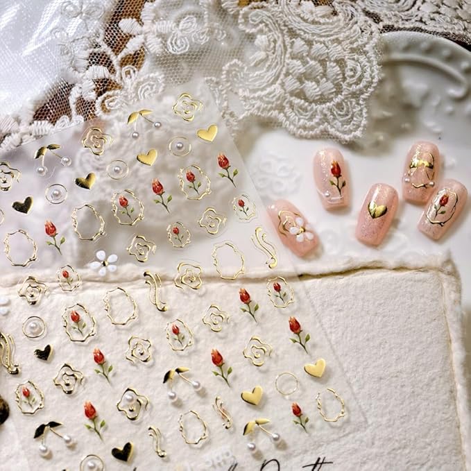 Flower Nail Stickers 3D Self Adhesive Tulip Floral Nail Art Stickers 5D Embossed Pearl Hearts Nail Decals Gold Lines Nail Art Supplies Cute Nail Design for Women Girls 1 Sheets