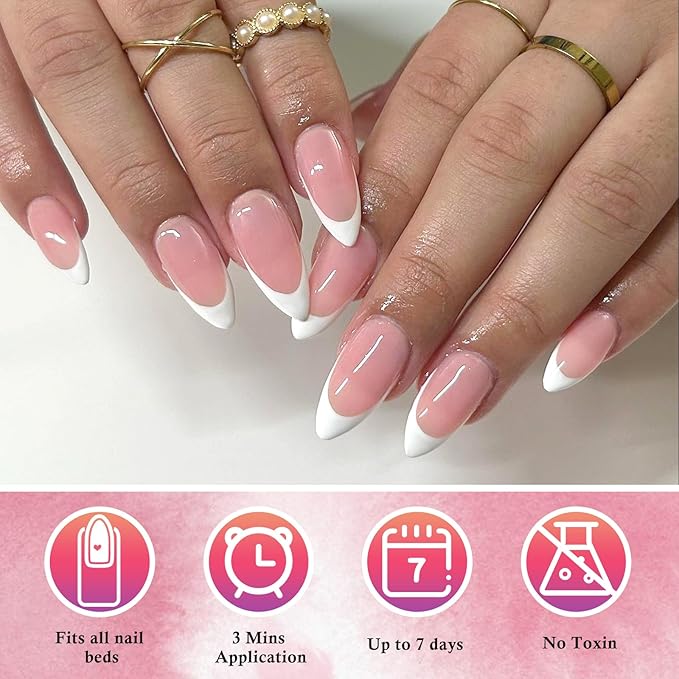 AddFavor 120pcs French Tip Press on Nails Medium Almond Fake Nails White French Tip Nails Gel Glossy Nude Nails Press on Artificial False Nail with Adhesive Tab for Women Girls