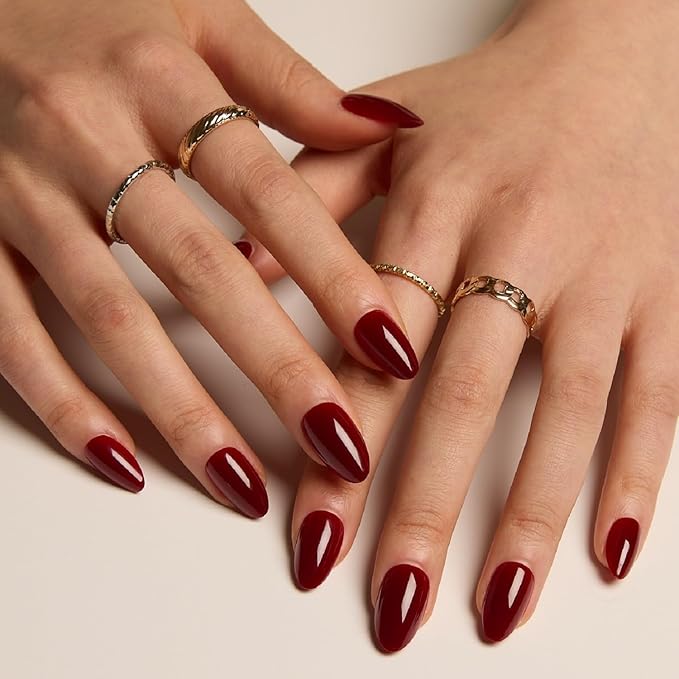 LAMIMOSA 32Pcs Burgundy Red Press On Nails Short Almond – Soft Gel Dark Red Fake Nails in 16 Sizes, Reusable Glue on Nails Kit, TUSCAN RED