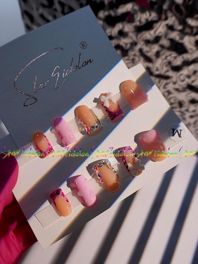 HAND-PAINTED White Press Ons Neon Small Press on Nails Long French Press on Nails Coffin Medium Short Nail art Fake Nail Art Kit with 7g Glue on Nails Handmade Almond Square Nails (Small, T17)
