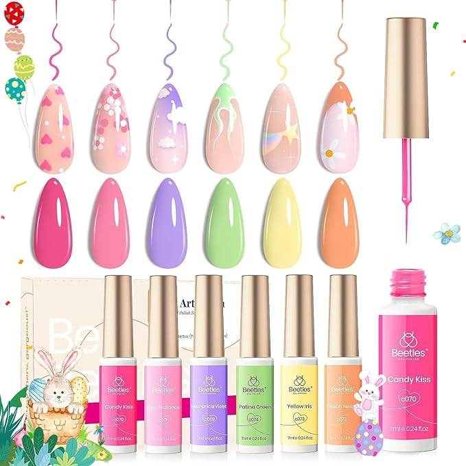 Beetles Pastel Gel Liner Nail Polish Set 6 Colors Spring Art French Line Swirl Gel Polish Pink Yellow Green Purple Orange Swirl Built Thin Nail Art Brush Soak Off Uv Lamp Manicure Gifts for Women