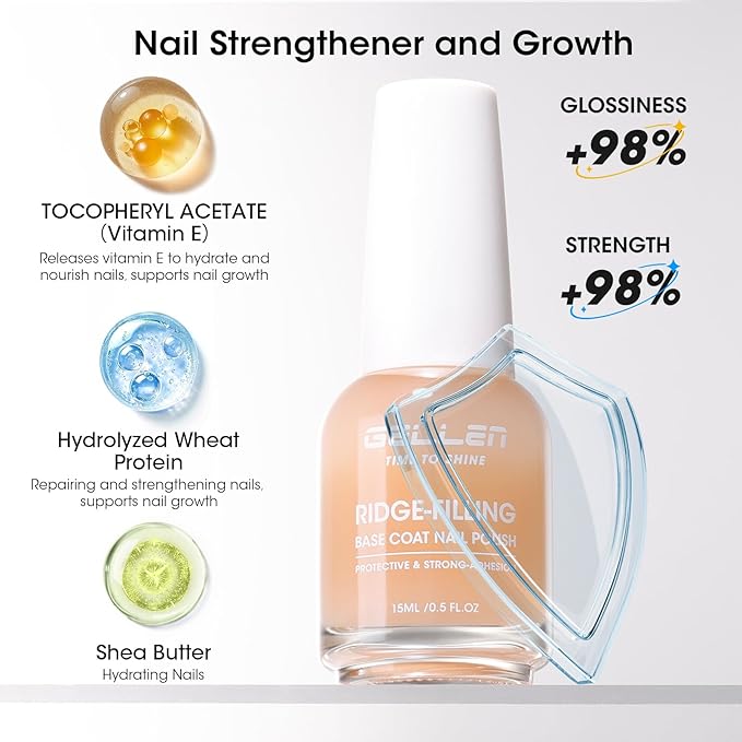 GELLEN Clear Nail Polish Ridge Filling Base Coat, Sheer Ridge Filler For Nails, Nail Strengthener Hydrates Repairs Damaged Dry Finger Nails | Shea Butter, Vitamin E, Protein | Toxin HEMA TPO Free