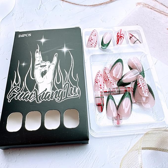 24 Pcs Christmas Press on Nails Short Almond Xmas Bow Fake Nails with Designs French Tip False Nails Line Glue on Nails Full Cover Glossy Artificial Nails for Women Girl Holiday Nail Decoration