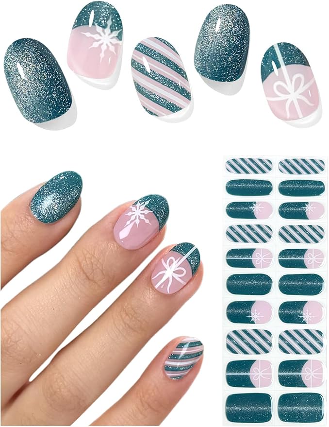 Semi Cured Gel Nail Strips (Green Cat Eye), Christmas Snowflake, Bow, 20 Pcs Gel Nail Wraps, Stickers, Long Lasting, Works with Any UV Lamps
