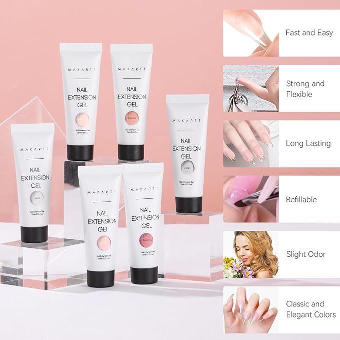 Makartt Poly Nail Gel Kit - 6 Neutral Colors for Extension Nails, Long Lasting Poly Nail Gel Set, Natural-looking, Strong Builder Enhancement for Salon Manicure DIY at Home 15ML Clear White Nude Pink