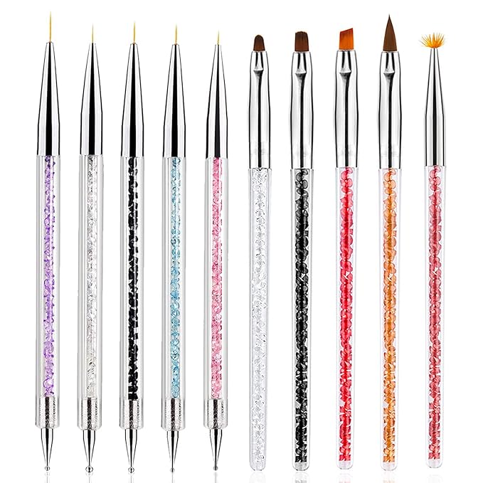 SILPECWEE 10pcs Nail Art Brush Set - Dotting Tools, Liner, Ombre, Clean Up, Design & Acrylic Manicure Brushes for Nail Art & Painting Kit