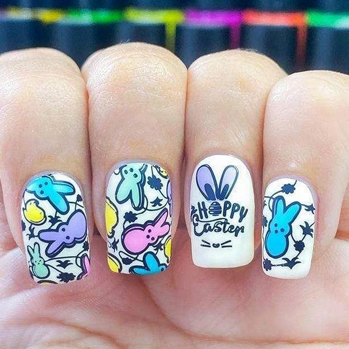 Easter Press on Nails Short Square Fake Nails Colorful Bunny with Easter Eggs Design Happy Easter Letter False Nails Full Cover Matte Rabbit Acrylic Nails Stick on Nails for Women Nail Art 24 Pcs