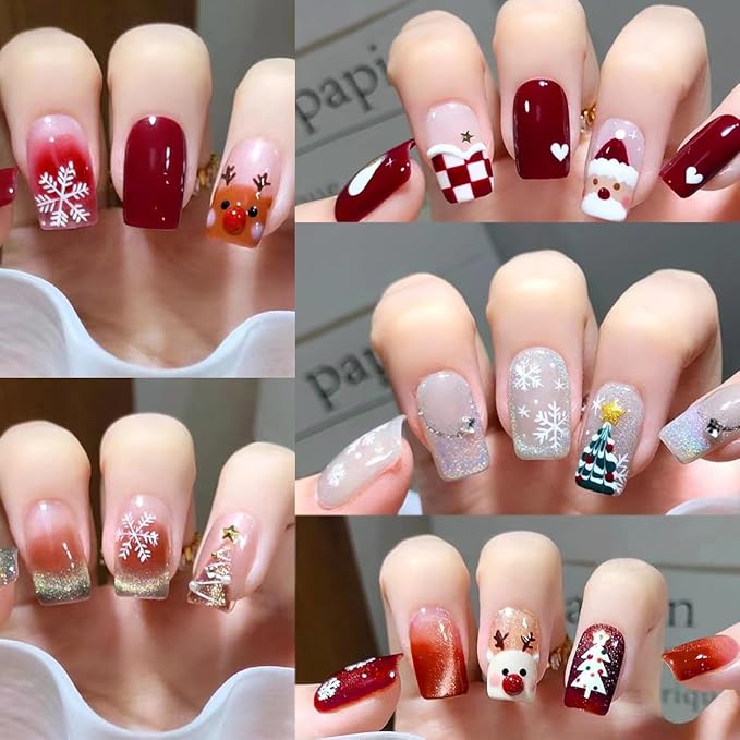 6 Sheets Christmas Gel Nail Strips 3D White Snowflake Wrap Toenail Stickers Cute Snowflake Xmas Tree Snowmen Elk Winter Nail Design Full Cover Holiday Nail Polish Stickers for Women Acrylic Nails DIY