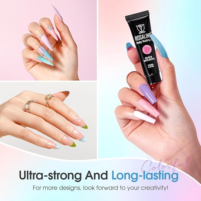 ROSALIND Poly Nail Gel, 6 Colors 0.34 oz/10 ml Poly Extension Gel Pink Blue Green Nail Enhancement Strong Builder Hard Gels for French Manicure Home Salon Design, Need U V/LED Lamp