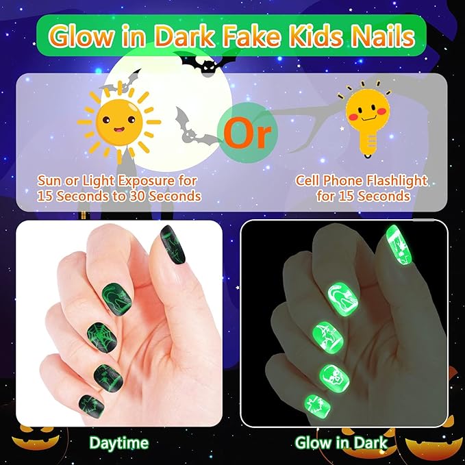 JANYUN 96 Pcs Halloween Luminous Kids Fake Nails False Nails Full Cover Glowing Stick on Nails with Skull Bat Spider Pumpkin for Girls Nail Art Party Decoration
