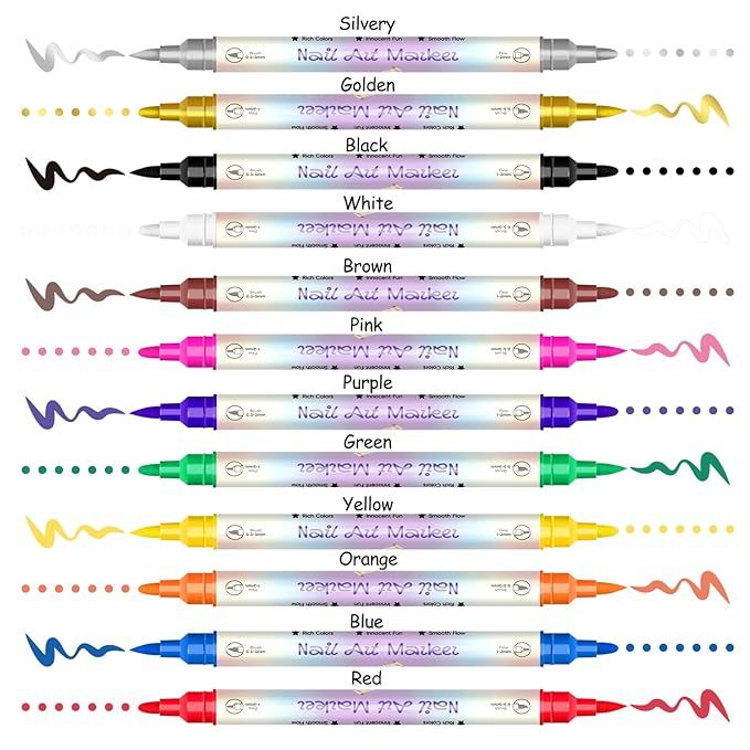 12 Colors Double-Ended Nail Art Markers Set, 3D Nail Polish Pens with Liner Brush & Drawing Tip, Professional DIY Manicure Painting Tools, Valentine's Day Gifts for Her, Nail Decoration Kit