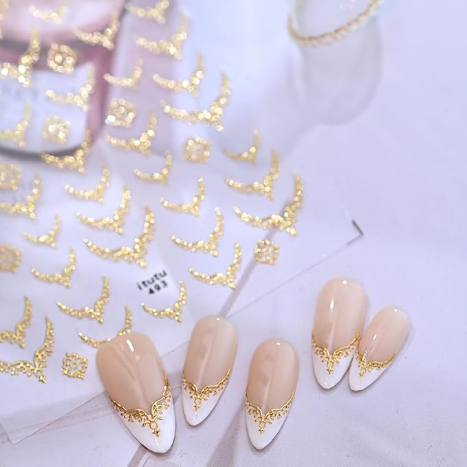 French Tip Nail Stickers for Nail Art 5D Embossed Gold Nail Stickers Metal Nail Decals Retro Gold Nails Art Design Supplies for Women Girls DIY Manicure