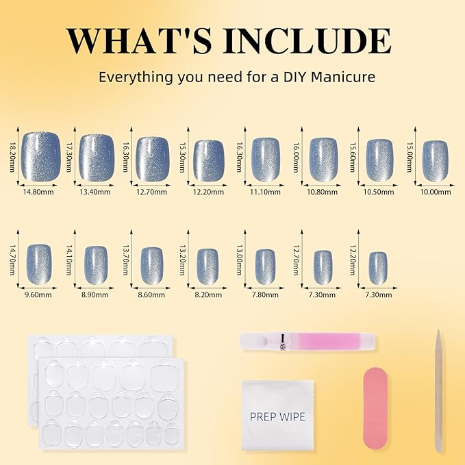 Press On Nails, Short Square Blue Press on Nails Arctic Glazed Nails Press Ons for Women DIY Fake Nails Kit with Glue, Glossy Reusable Glue on Nails Short in 15 Sizes - 30pcs, Arctic Glaze
