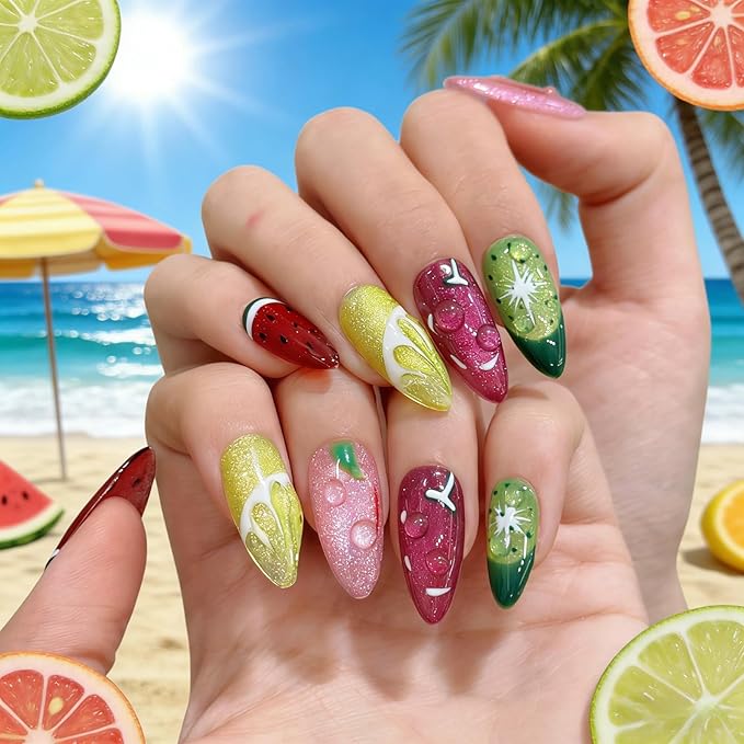 Cat Eye Press on Nails Medium Almond - Fruit Design with Hand-painted Watermelon Lemon & 3D Water Drop Cute Edgy Style, Thick Acrylic and Muti-Layer Gel False Nails for Summer(Fruit Party, M)