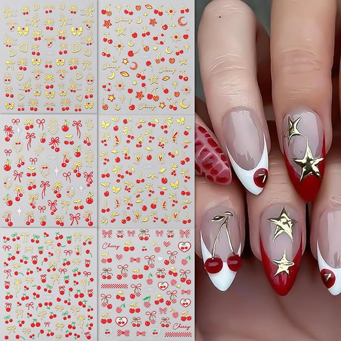 6 Sheets Cherry Nail Art Stickers 3D Valentines Nail Stickers Self-Adhesive Cute Cherries with Gold Heart Bow Nail Designs Supplies Summer Fruit Nails Decals for Women DIY Manicure Decor