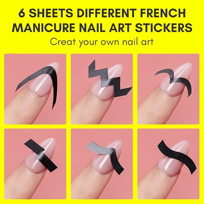 Makartt 7PCS French Nail Art Stickers Kit, 8ML White Gel Polish,6 Sheets French Design Stickers,Self-Adhesive French Manicure Strips Guides Kit For Beginner DIY Design