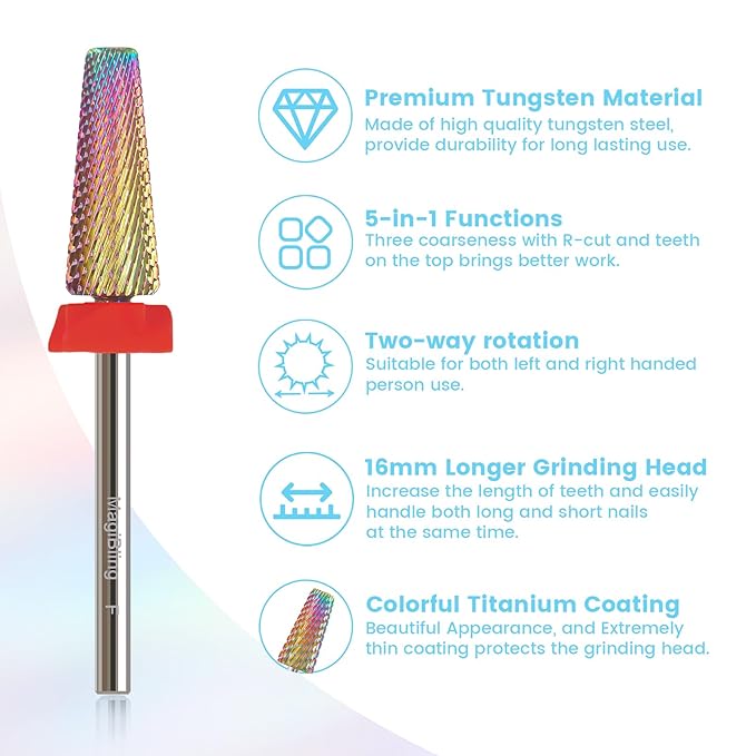 F 5 in 1 Nail Drill Bits, 16mm Tapered 3/32'' Professional Tungsten Carbide Bit for Efile, 2 Rotation for Electric Drill, Remove Thick Thin Gel, Manicure Cuticle Gel Polishing, Nail Techs Bit, Fine