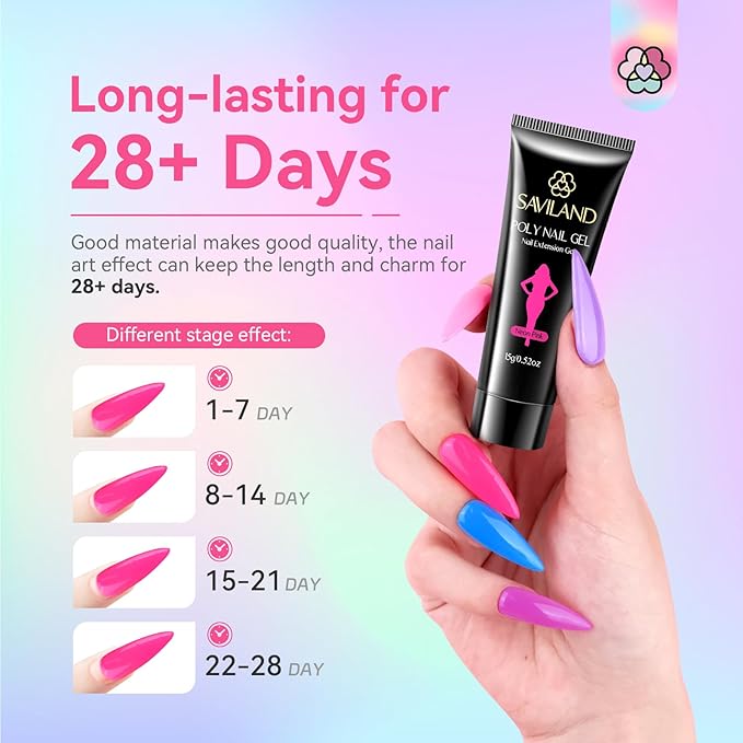 SAVILAND Hema-Free Poly Gel Nail Colors: 20 Colors Nail Extension Gel Kit Bright Rainbow Pink Purple Blue Color Collection Poly Gel Nail Kit for Daily Nail Art DIY Nail Salon Gift for Girls