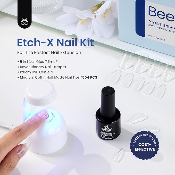 Beetles Gel Nail Kit Etch-X, Medium Coffin, 504pcs, with 5 in 1 Nail Glue Base Gel and Innovative Led Lamp Diy Art at Home Nail Kit Easy Nail Extension Set