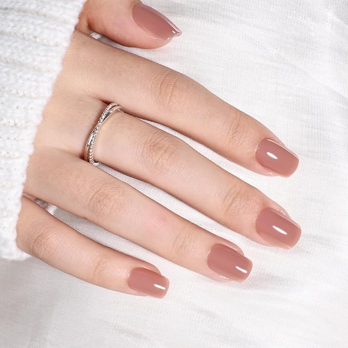 Soft Mocha Nude Press on Nails - Short Square Glossy Nails Press ons for Women, Reusable Warm Nude Glue On Nails 30 Pcs 15 Sizes Fake Nails Kit with Glue, Soft Mocha