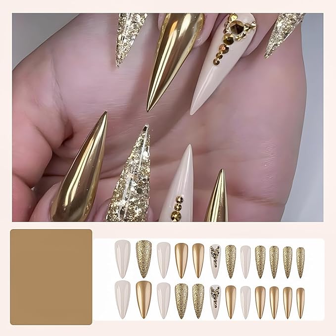 Rchosvam xl Almond Press on Nails Long Stiletto Shape Fake Nails Press Ons Gold Chromese Design False Nails Gold Rhinestones Stick on Nails Full Cover Artificial Nails Gift for Womens 24pcs