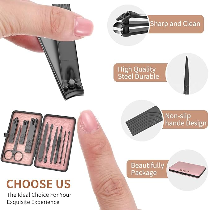 ZIZZON Travel Mini Manicure Set Nail Clipper Set 10 in 1 Stainless Steel Pedicure Care Grooming kit with Case (Black/Pink)