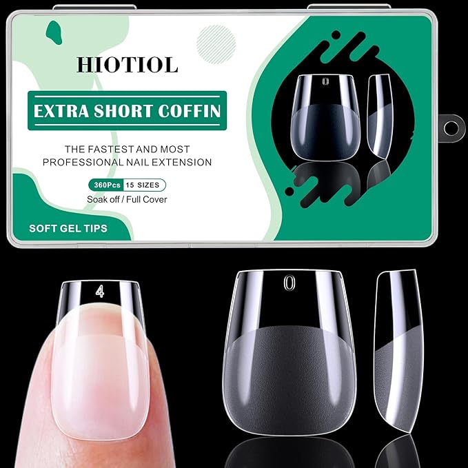 Extra Short Coffin Nail Tips, 360Pcs Soft Gel Full Cover Nails for Soak off Nail Extensions, Half Matte Clear False Gel Nail Tips for Nail Salons and DIY Art, 15 Sizes