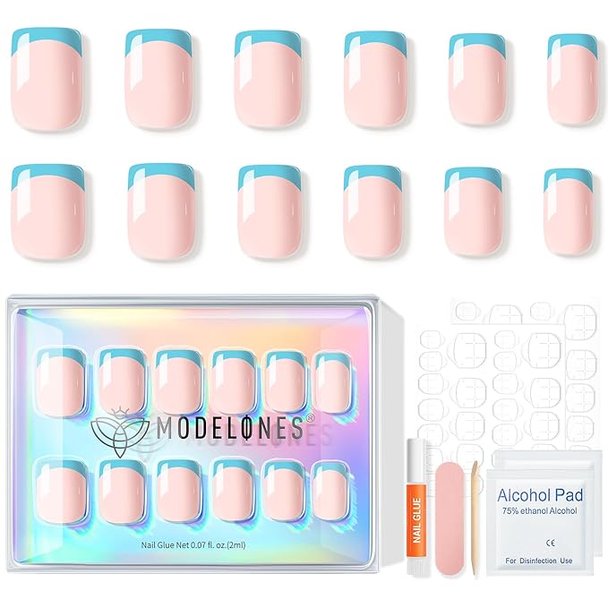 Modelones French Tip Press on Nails Short, Square Fake Nails, Reusable Nail Kit with Nail Glue Adhesive Tabs Mini Nail File, Nails Press Ons 32Pcs 16Sizes, Women Girl Gift, Blue
