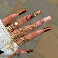 Long Square Press on Nails Fake Nails Artificial Nail Stick on Nail for Women Luxury 3D Gold Heart with Diamond & Brown Floral Nail Art on Metallic Brown Gold Ombre