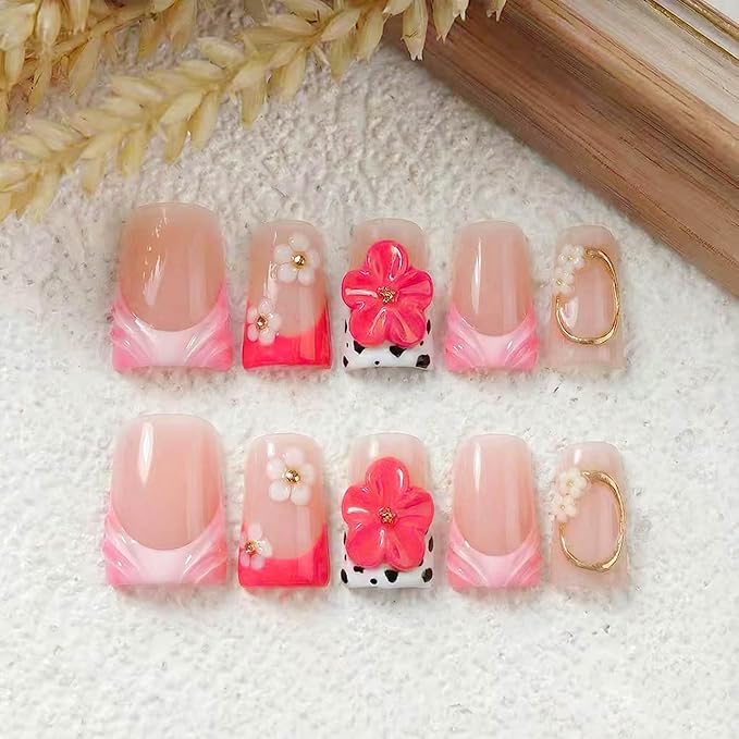 Short Duck Press on Nails Handmade Fake Nails Thick French Muti-Layer Gel 3D Flower Nails Press Ons with Designs Full Cover Luxury False Nails for Women Manicure 10Pcs (Size M)