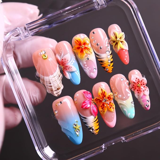 Press On Nails, 10 Pcs Handmade French Stiletto Fake Nails, Reusable Artificial Unique 3D False Nails for Women 3D Acrylic Nails Kit (Size L)