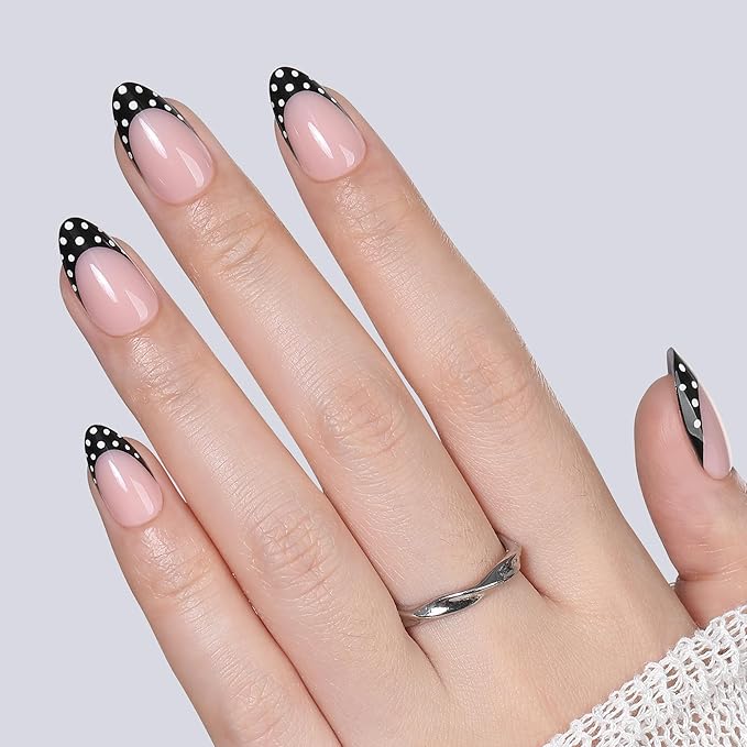 UNA GELLA 32Pcs Soft Gel Press on Nails - 16 Sizes Polka Dot French Tip Almond Glue on Nails, Reusable Nude False Nails with Black Dots, Full Cover Acrylic Nail Kit for Women DIY Home Manicure
