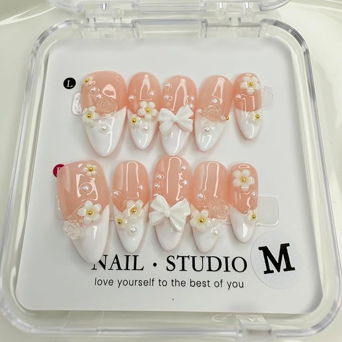 Handmade Press on Nails Flower Press on Nails White French False Nail Pearl and Bow Designs Short Almond Fake Nails Full Cover False Nails Acrylic Nails for Women Art Manicure (Size M)