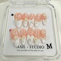 Handmade Press on Nails Flower Press on Nails White French False Nail Pearl and Bow Designs Short Almond Fake Nails Full Cover False Nails Acrylic Nails for Women Art Manicure (Size S)