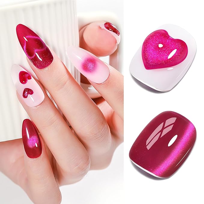 Cat Eye Gel Polish - Holographic Jelly Hot Pink Magnetic Nail Polish With Magnet, Red Color Translucent UV Gel Crystal Manicure Salon DIY for Valentine's Day at Home, 12ml