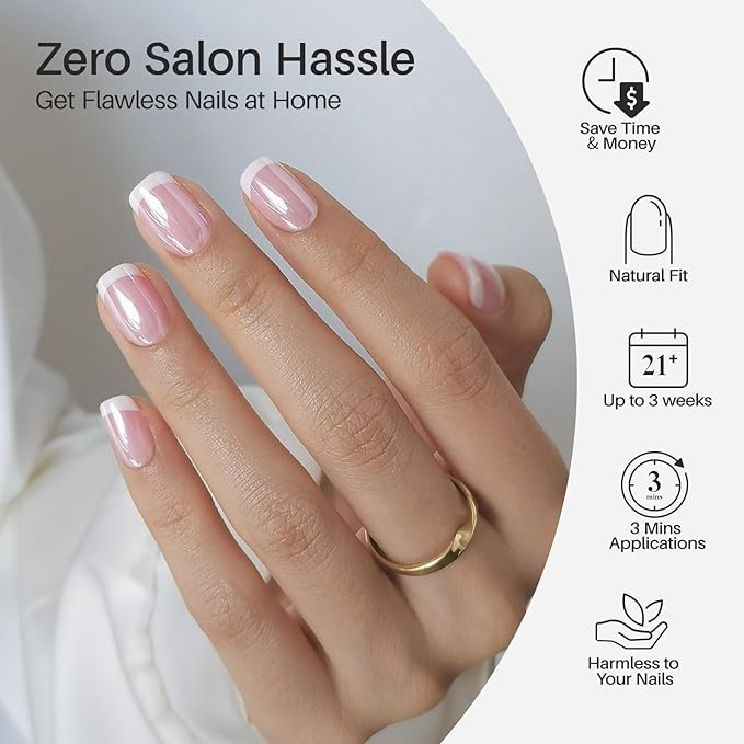 White Chrome French Tip Press on Nails Short - SHANGMENG Soft Gel Press on Nails Square for Women Gift, Glossy Glue on Nails in 16 Sizes - 32 Reusable Fake Nails Kit with Glue, Aurora French