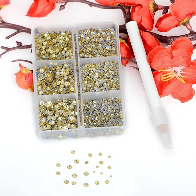 Bymitel Hotfix Crystal Rhinestones Round Gems for Crafts,Mixed 6 Sizes with Wax Pencil Kit, Jonquil 1.3-3.2mm(SS3-SS12/8000pcs)