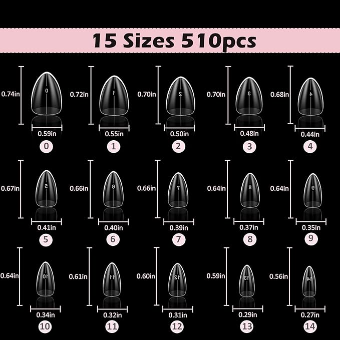 Short Almond Nail Tips, 510Pcs Thick Almond Full Cover Fake Nails, Clear Press-On Nails French Acrylic False Nail Tips for Salon Home DIY 15 Sizes