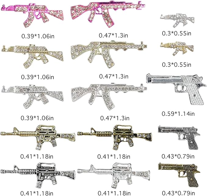 30PCS Gun Nail Charms for Acrylic Nails,Gold Silver Alloy Nail Art Decoration, Nail Stones Nail Jewels Accessories for Nail Art Supplies Manicure Craft DIY